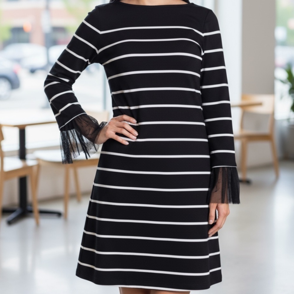 BeachLunchLounge striped ruffle cuff shift dress s